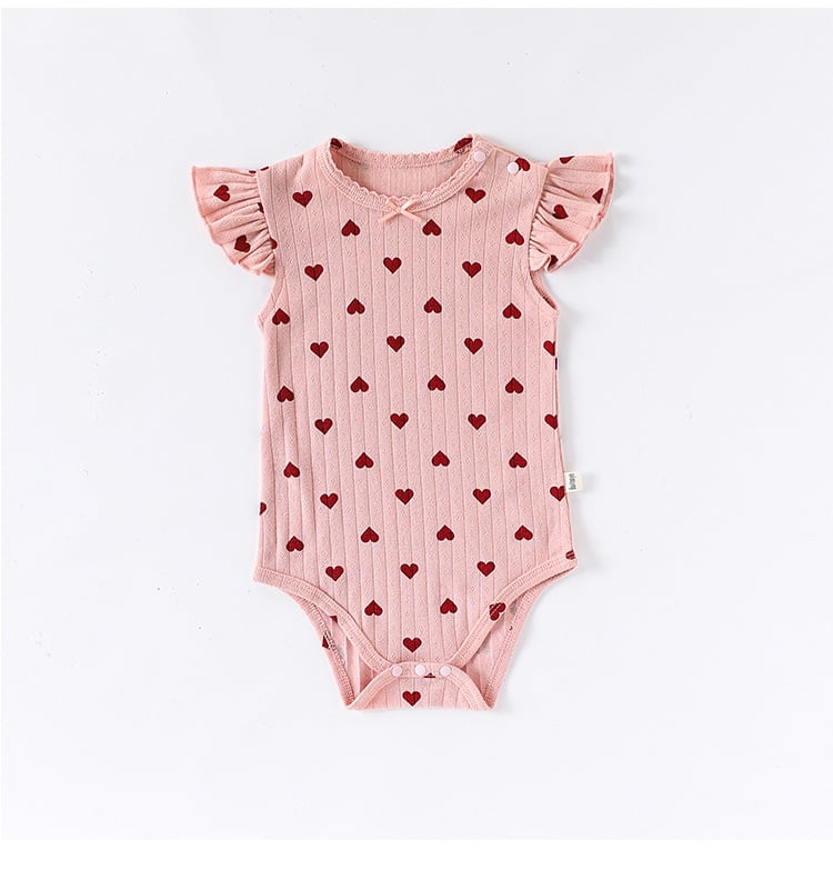 肩フリルリブ透かしコットンロンパース