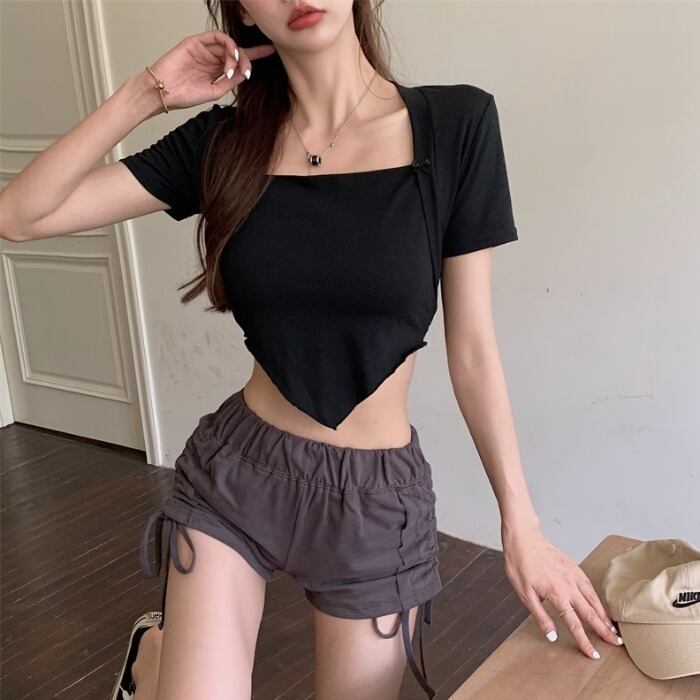 Tシャツ シャツ オータムショートトップス 秋物 スクウェア ガールズファッション7240209842