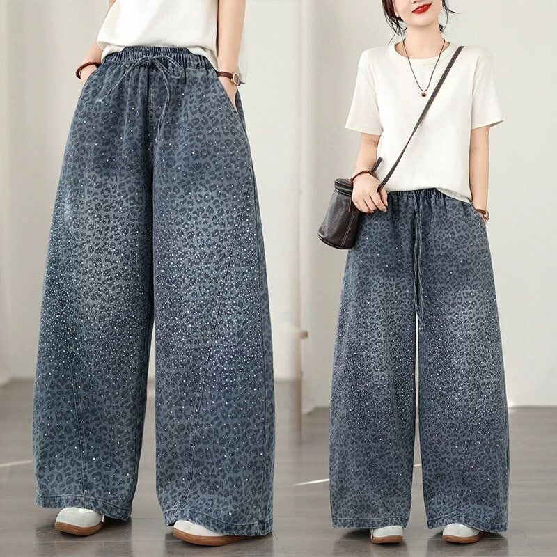 SPARKLING LEOPARD PATTERN DRAWSTRING WAIST WIDE LEG DENIM PANTS 1color M-15995
