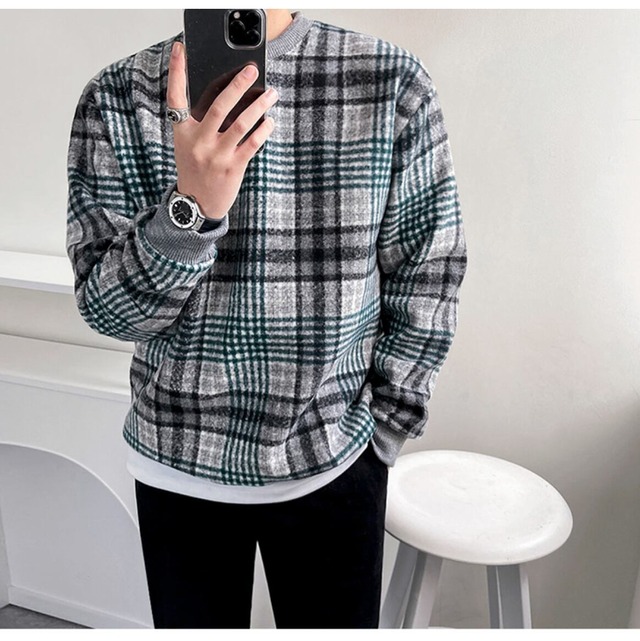 チェック柄 ラウンドネック セーター ニットトップス セーター メンズファッション 韓国