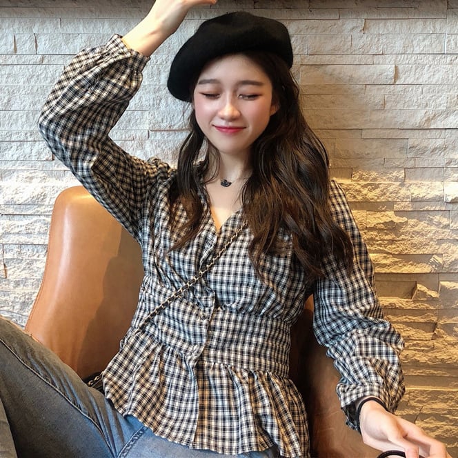 チェックシャツ Vネック ギンガム チェック柄 シャツ ブラウス