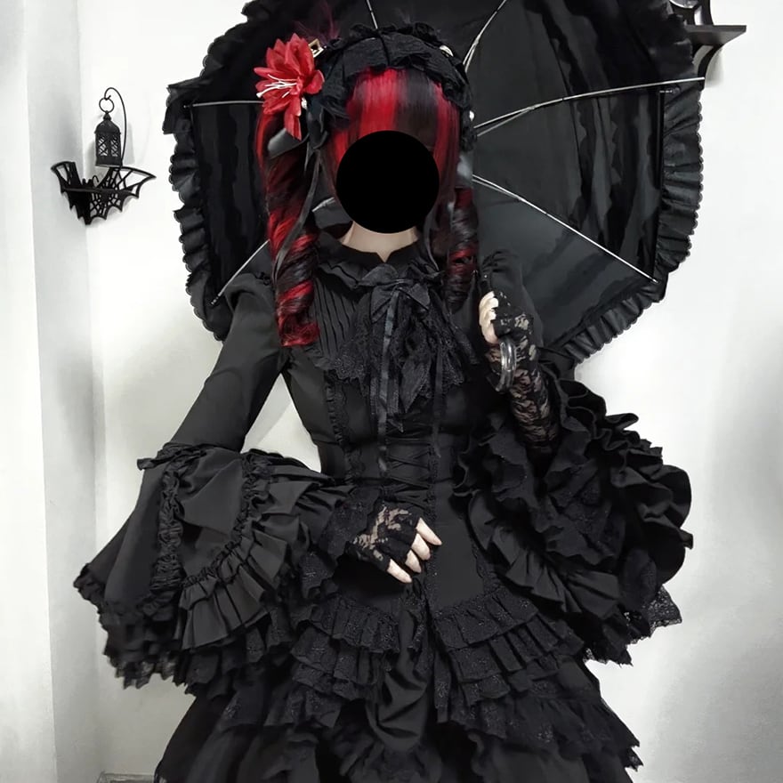 サブカル系ゴシック 地雷系 姫袖シャツ 黒シャツ ネックリボン付き ゴスロリファッション