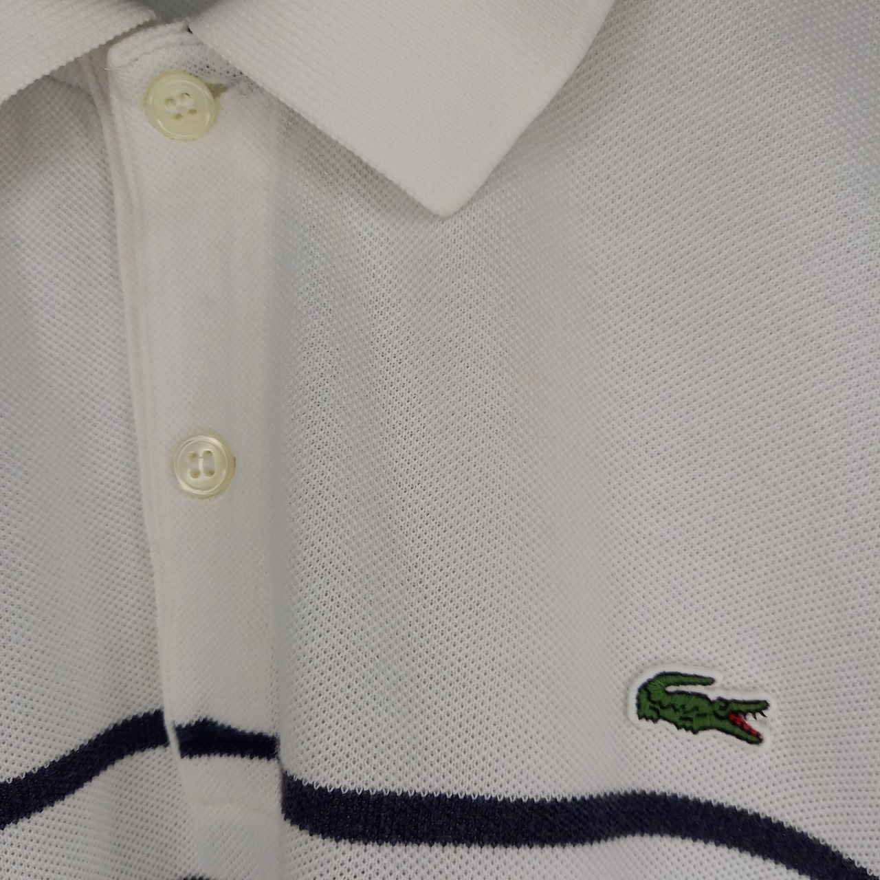 日本製　ラコステ　ポロシャツ　半袖　刺繍ロゴ　シェルボタン　ボーダー　ファブリカ