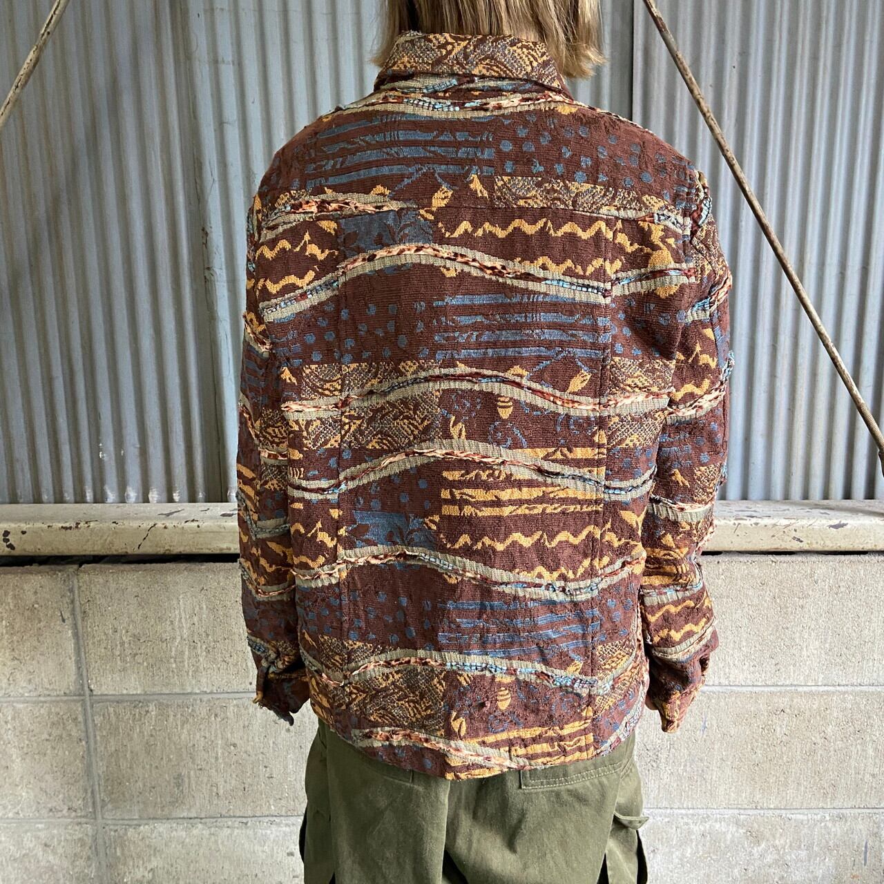 【一点物】総刺繍 ジャガード 総柄 マルチカラー インド製 ウールジャケット L