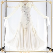 社交ダンス 衣装 スタンダードドレス ワンピース スタンダード 白 リボン 高級感 ROBINHOOD ロビンフッド 綺麗 上品 デモ 競技 ダンス パーティ 発表会 ホワイト系 女性用 美しい 高級スタイル おしゃれ