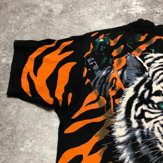 90s リキッドブルー 両面プリントTシャツ[L]ホワイトタイガー タイガー 虎
