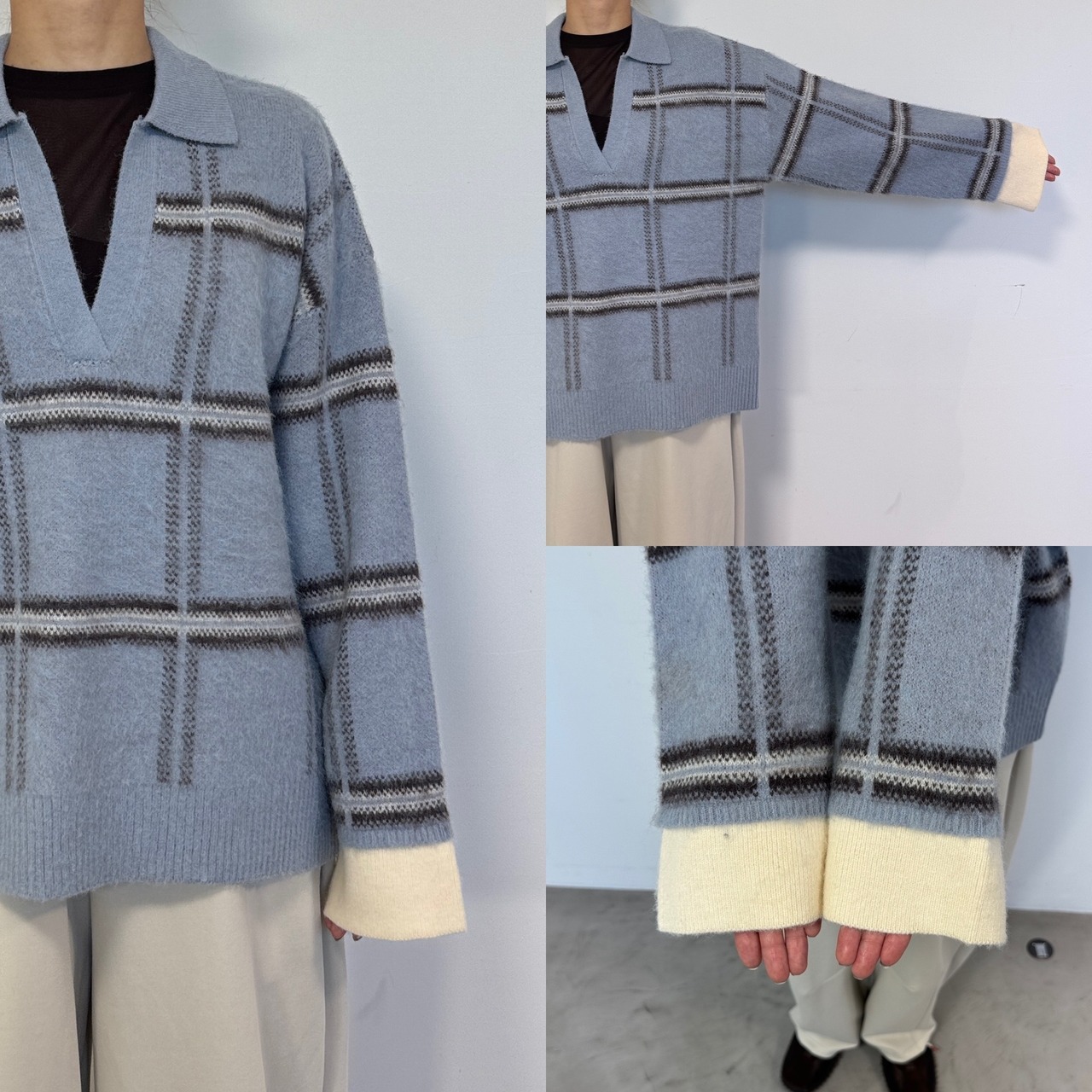 チェック柄スキッパーモヘアタッチknit/ペールブルー