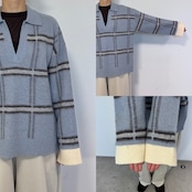 チェック柄スキッパーモヘアタッチknit/ペールブルー