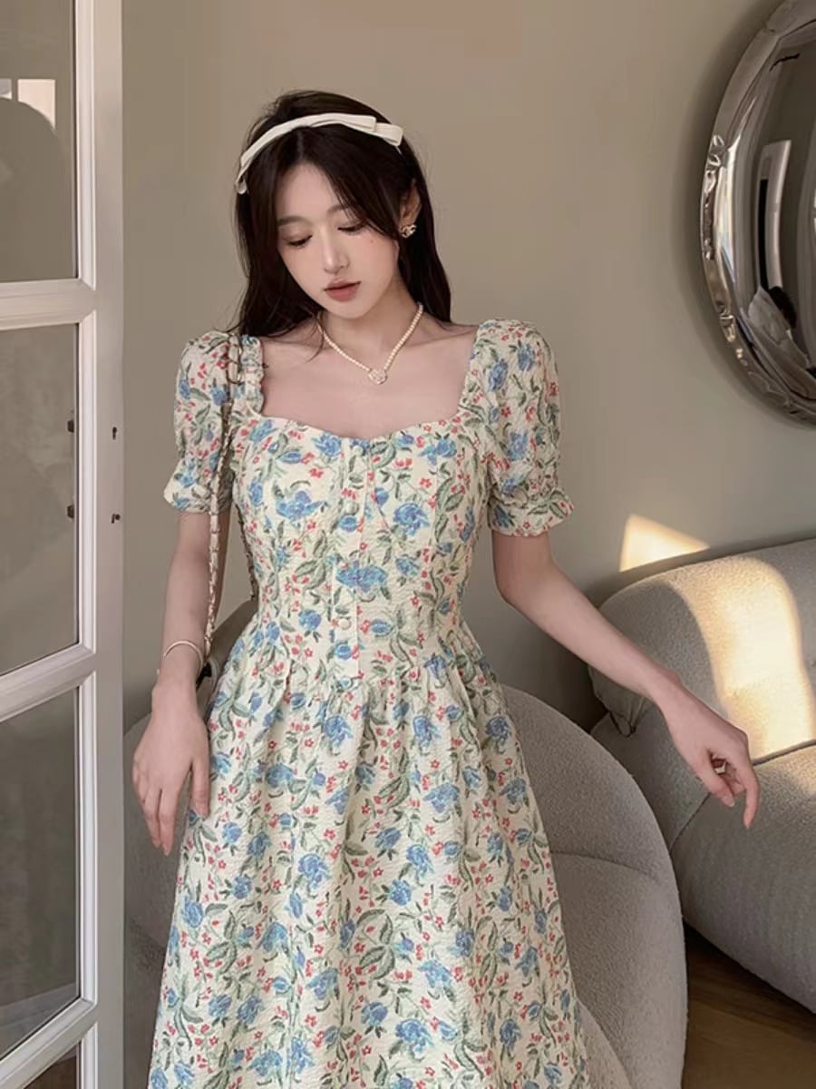 【新作】【送料無料】 フレンチデザインニッチスクエアネックパフスリーブ花柄プリンセスドレス夏スリム気質多目的ドレス女性のための 0244848733380