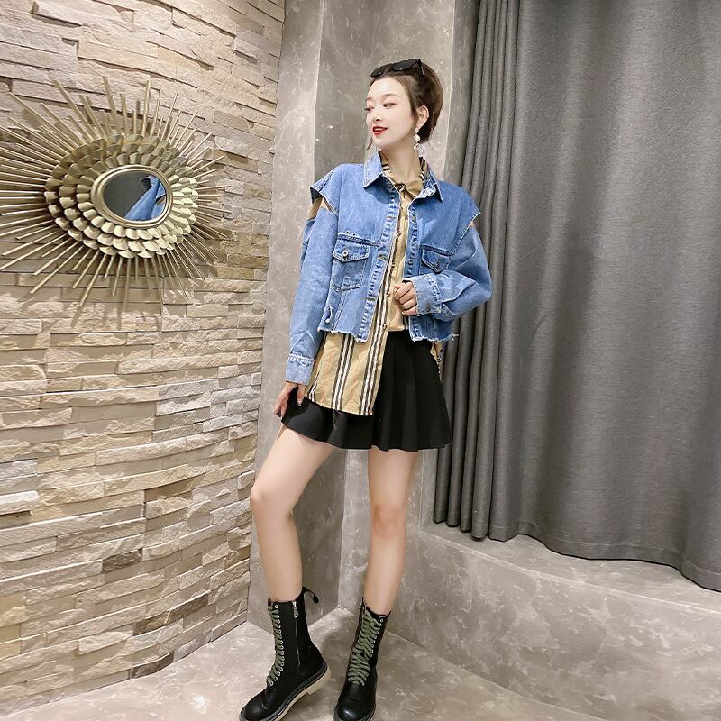 太った女性の秋の服200デニムジャケットツーピースシャツ特大プラス太った260kg太ったmmスリムシャツ ミックスインファッション51172967032