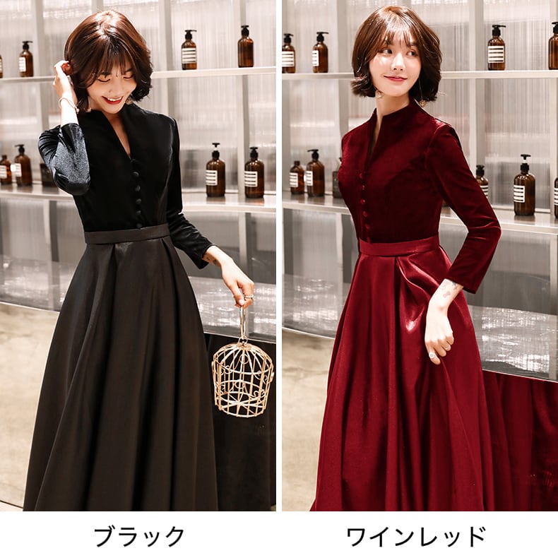 ワンピース ドレス 結婚式 二次会 お呼ばれ パーティー オケージョン ドレス ベロア ベルベット サテン ロング マキシ 上品 エレガント 秋 冬 2色 P6255 Kirari きらり