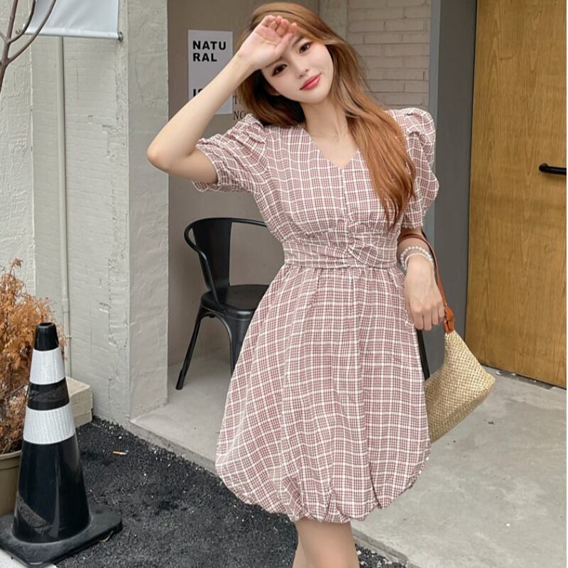 スタンダードVネックスリーブウェスト薄手Aラインドレス レトロ ハンチェンe99428204100