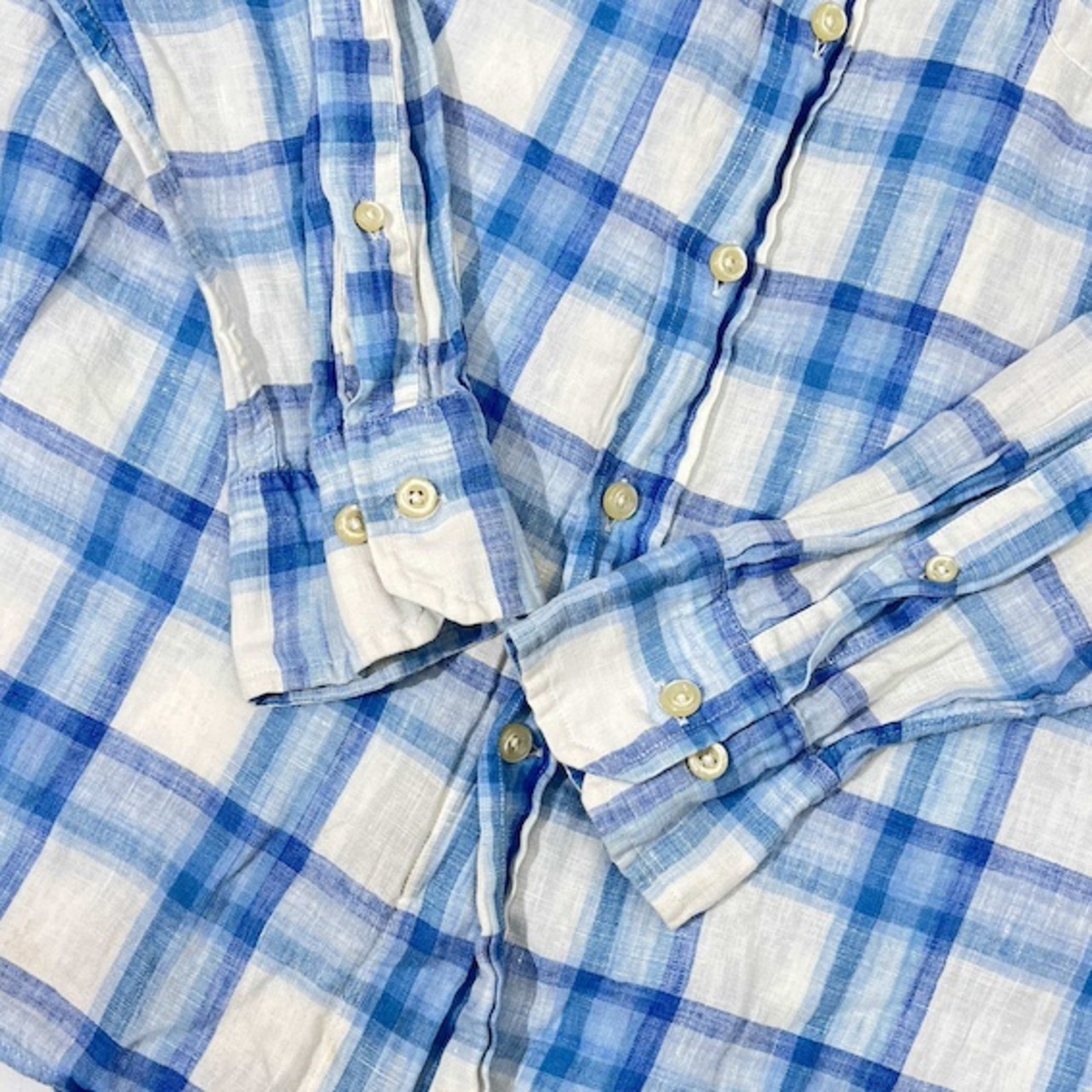 リネン100% GANT ガント DRESS FIT チェック BD ボタンダウン 長袖シャツ L/ブルー系 メンズ /VAN JAC