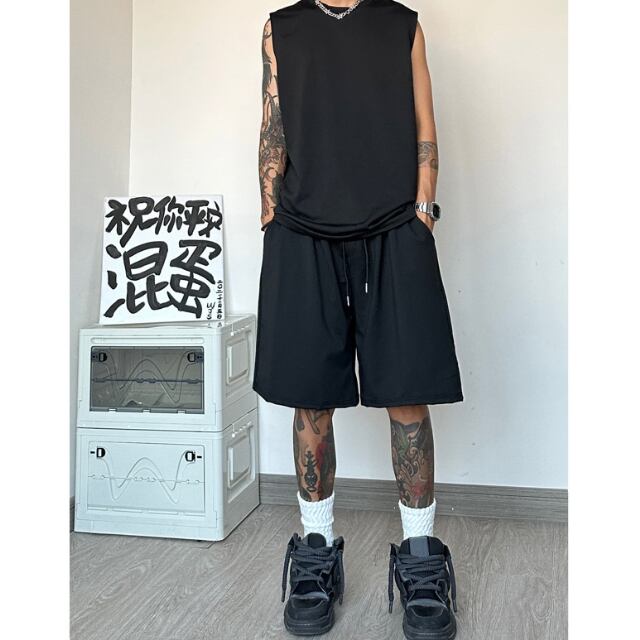 【予約販売】メンズ セットアップ 上下 ハーフパンツ ノースリーブ 無地 ブラック グレー ストリート カジュアル 春夏 韓国 トレンド こなれ感 M/L/XL/2XL