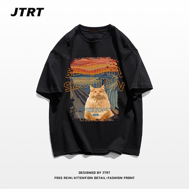 【JTRTシリーズ】★Tシャツ★ 9color トップス 半袖 男女兼用 メンズ 大きいサイズ コットン 油絵風 猫 ねこ ネコ 猫柄