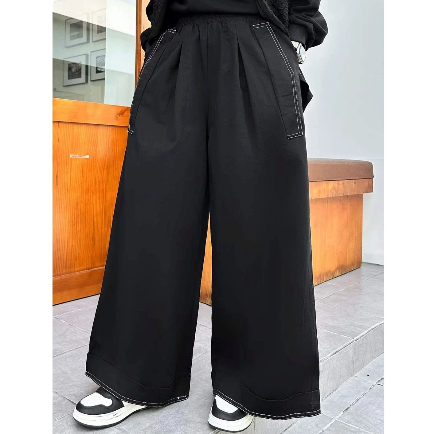 CONTRAST STITCH WIDE LEG PLEATED LONG PANTS M-18287