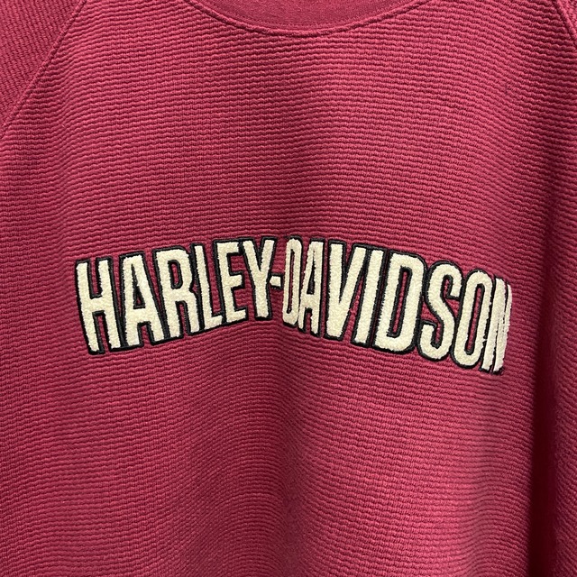 『送料無料』90s HARLEY-DAVIDSON ワッペンロゴスウェットカットソー　エンジ