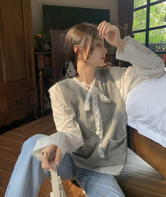 カジュアルオータムグレーニットレースシャツ ロング 秋物 モンロー9074387012