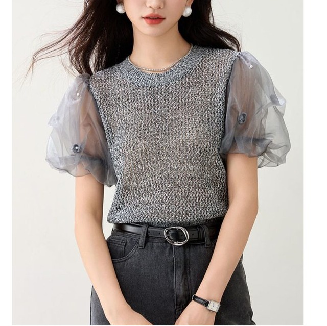 mesh puff sleeve knit top french chic gray patchwork short sleeve blouse summer＜t3156＞