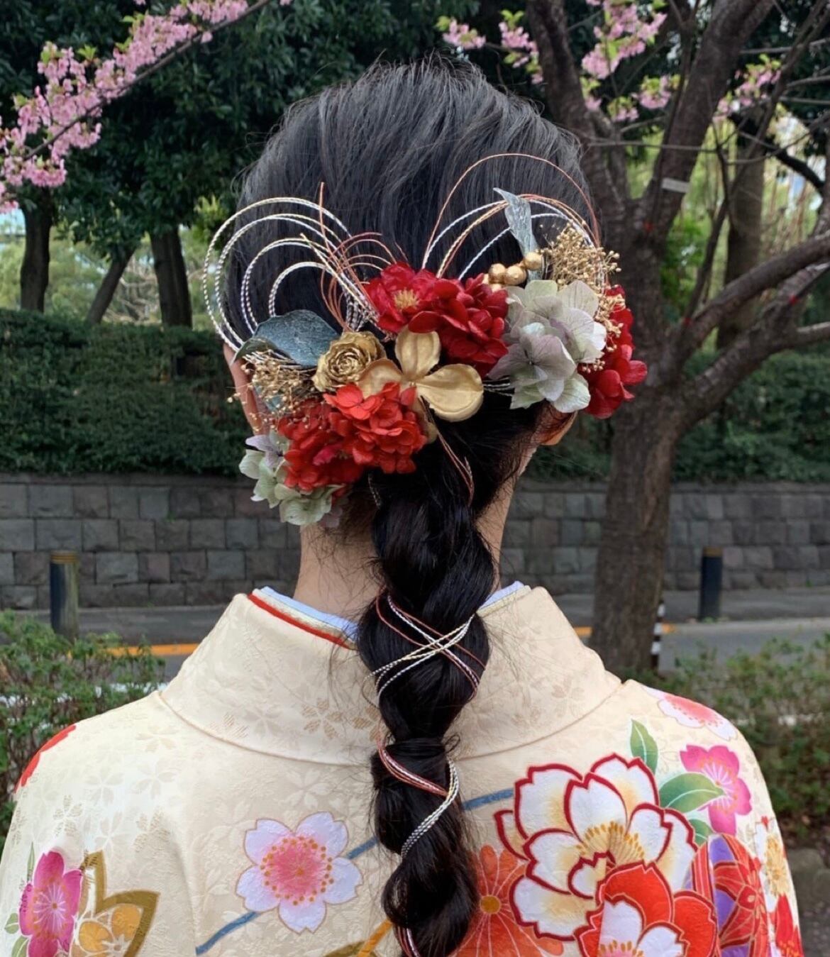 アネモネレッド水引髪飾 水引 金箔 袴 振袖 成人式 ヘアドレス ヘア