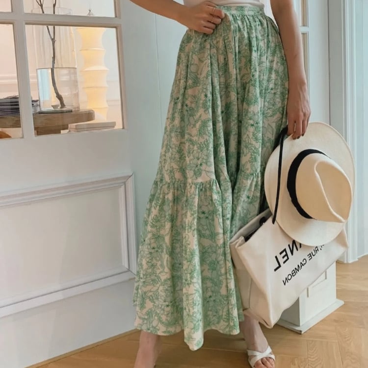 トワルドジュイ風野菜果物柄韓国コットン100%ミドル丈ビクトリアンスカートsk252201