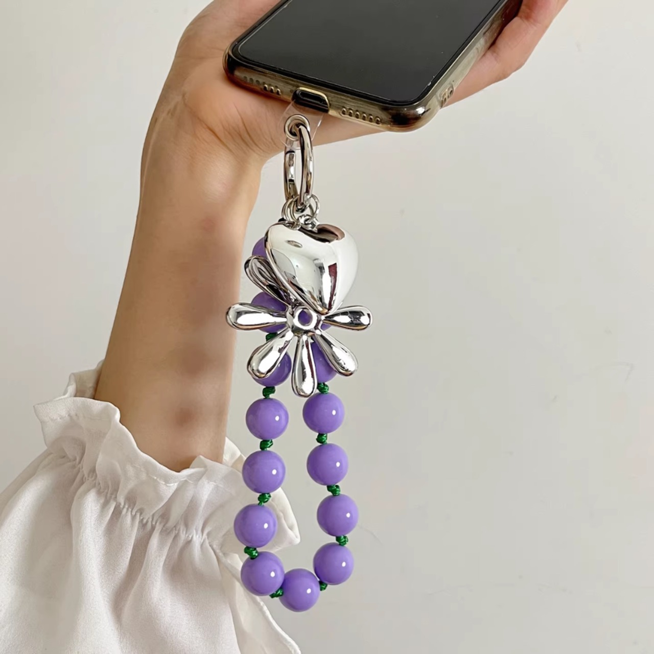 Colorful beaded heart and flower phone charm (ME247)
