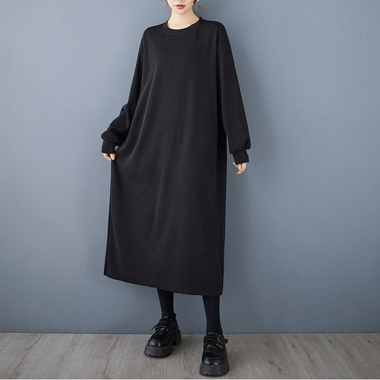 CREW NECK LONG SLEEVE MIDI STRAIGHT DRESS M-18467