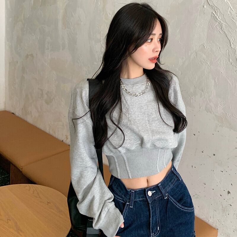 ラウンドネックソリッド カラープルオーバー セーター オータムスタイルショートウェスト長袖スリーブシャツ ロング 秋物 Oネック ソリッドカラー ガールズファッション4734516428