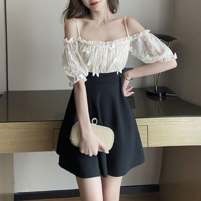 パフスリーブレース切替 バイカラーミニドレス　L00133