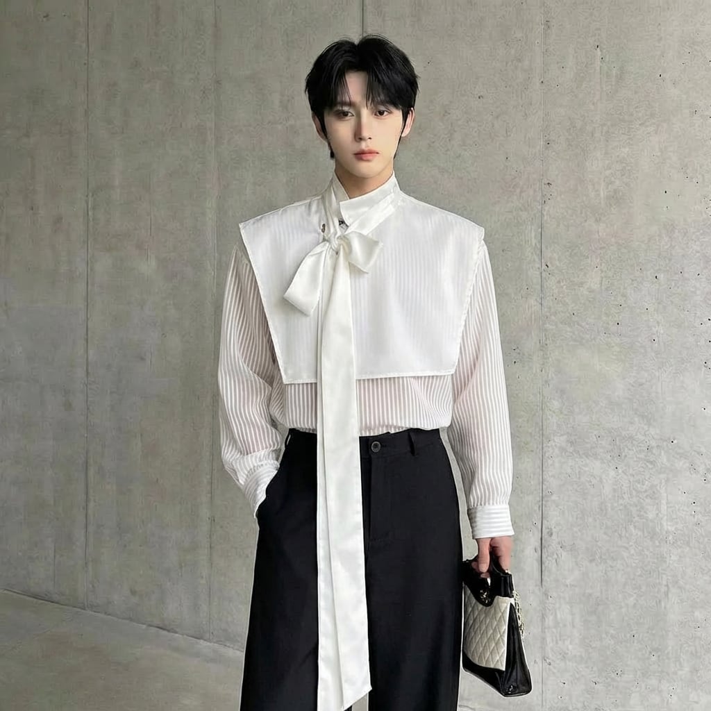 フェイクレイヤード ロングボウタイデザインシャツ D10763