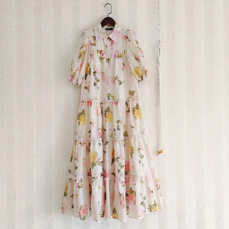 ローズプリントランタンスリーブドレス3423