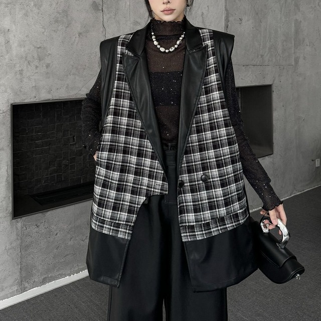 CHECKERED STITCH PU DOUBLE BREAST VEST JACKET 1color M-15282
