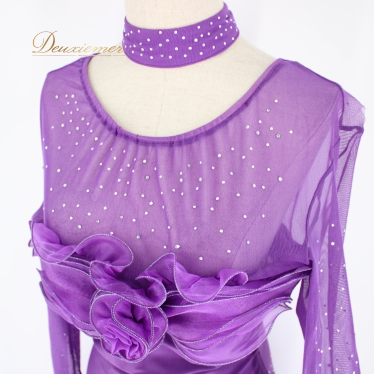 社交ダンス 衣装 ラテン ドレス ワンピース パーティドレス 紫 パープル系 Leirena レイリーナ ラインストーン レース アシンメトリー 長袖 大人の色香 光を纏う ストレッチ フェミニン おしゃれ エレガント プロフェッショナル 競技用 発表会 体型カバー ふんわり デザイン袖 きれいなシルエット 取り扱いやすい