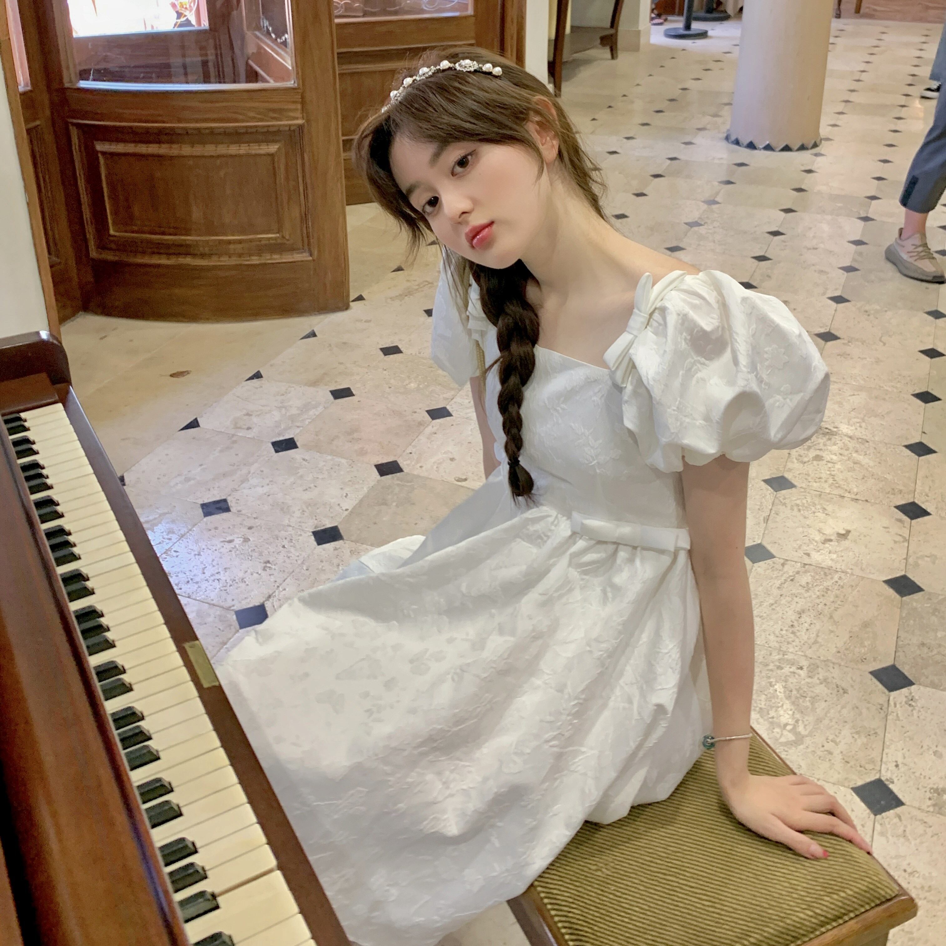 ホワイトスリーブドレス サマーAラインスカート 大人ガーリー スウィート キュート カジュアル 夏物 モンロー63112631884