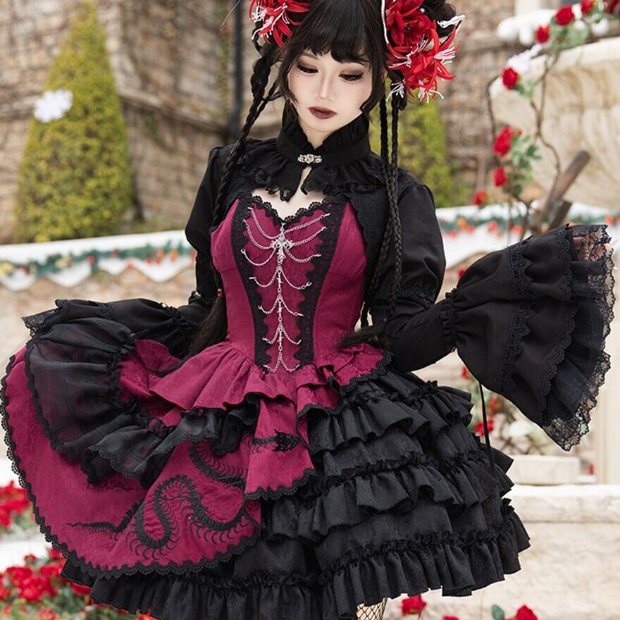 OZZONESTE ゴスロリ・ロリータスタイルブラウス 黒赤 秋 冬服 ゴスロリ ブラウス ショート 袖コン 姫袖 スリーブ レース