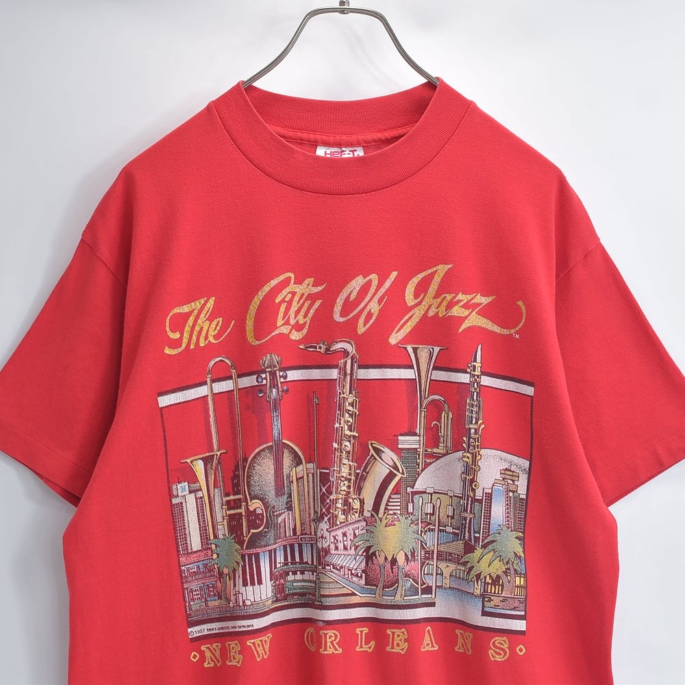 80s USA製 HEF-T by TEE JAYS ヘフティー バイ ティージェイズ Tシャツ シングルステッチ ニューオーリンズ ジャズ 楽器プリント 音楽 レッド USED ヴィンテージ ビンテージ 古着 メンズ Lサイズ