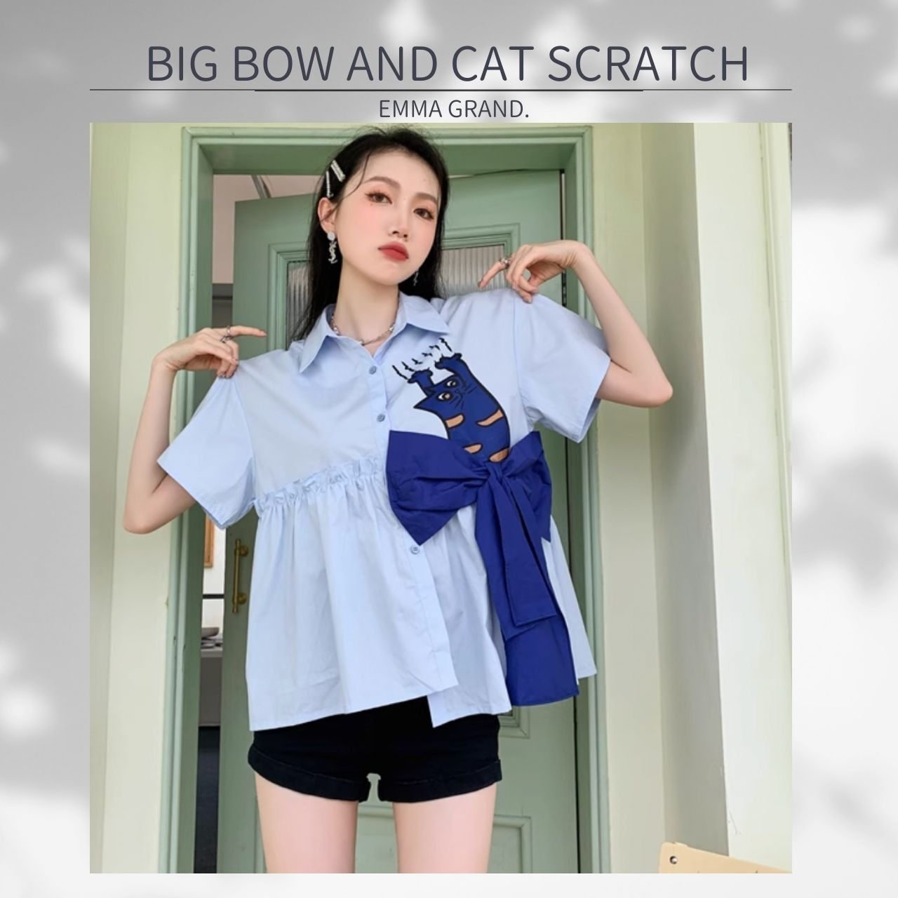 ビックリボンと猫のひっかき半袖シャツ　E00428