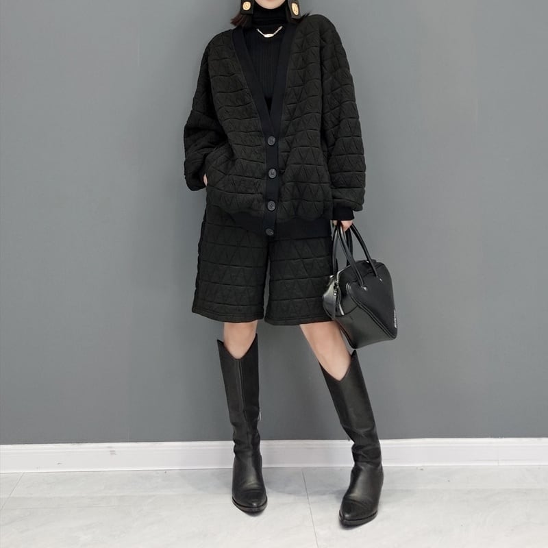 【即納商品】【数量限定】QUILTING V-NECK CARDIGAN + SHORTS SET 2pieces 2colors M-3941