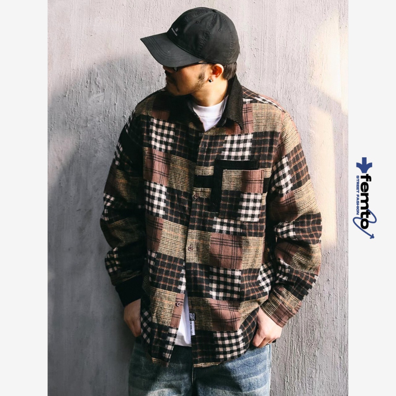 Retro plaid patchwork shirt 0505 - 1