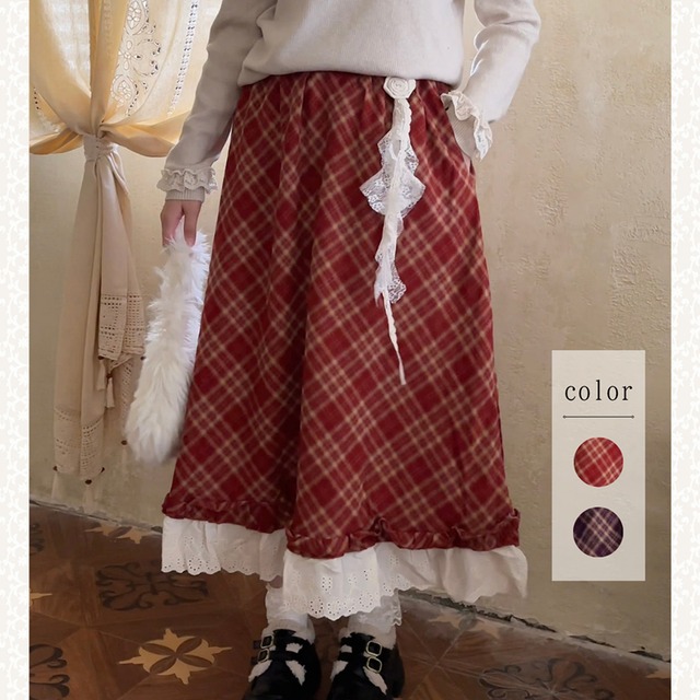 ポイントフラワーレースチェック柄スカート W1608