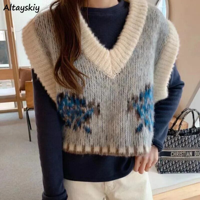 【新作】【送料無料】 V ネックセーターベスト女性パネル刺繍ルーズオールマッチヴィンテージエレガントな韓国スタイルの女性の人気の秋冬トップス 0317036191496