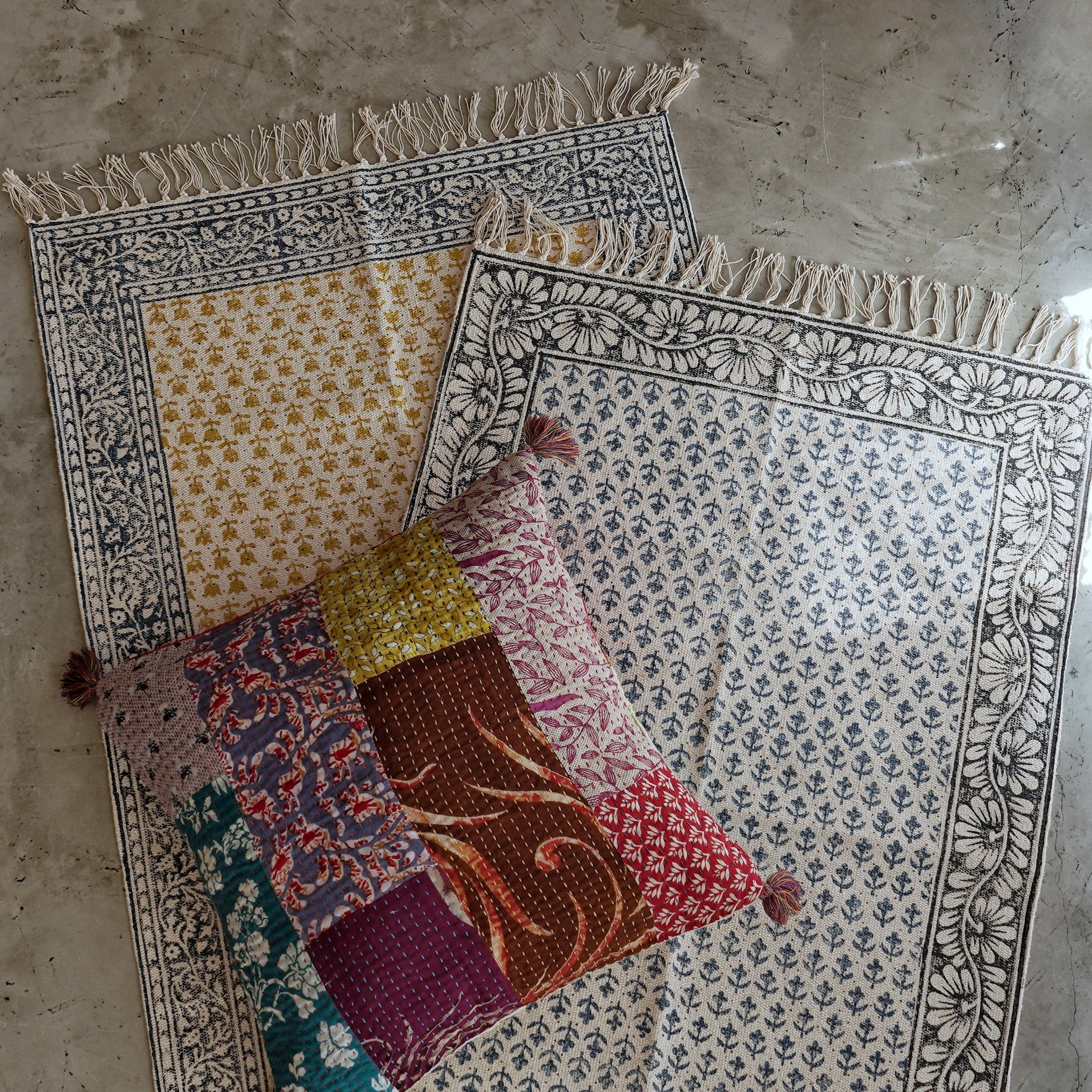 手織りブロックプリントラグマット L/People Tree