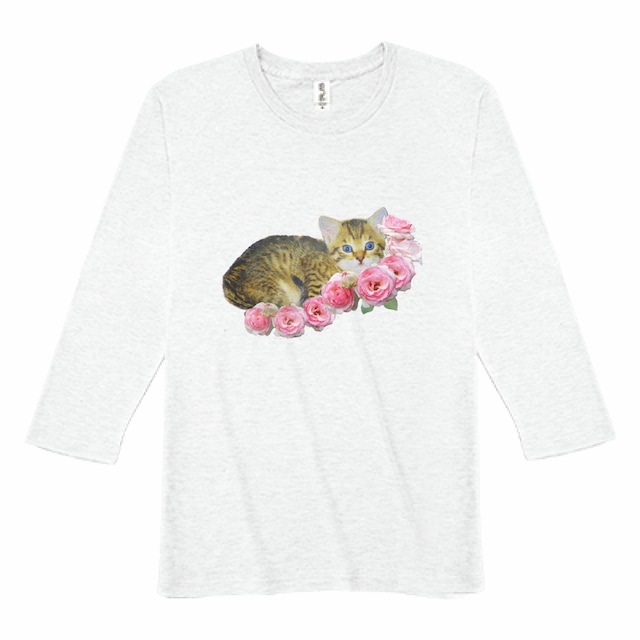 七分袖Tシャツ 白ネコ 猫 薔薇 バラ Tシャツ ホワイト レディース rose AIMI NATURE ARTS