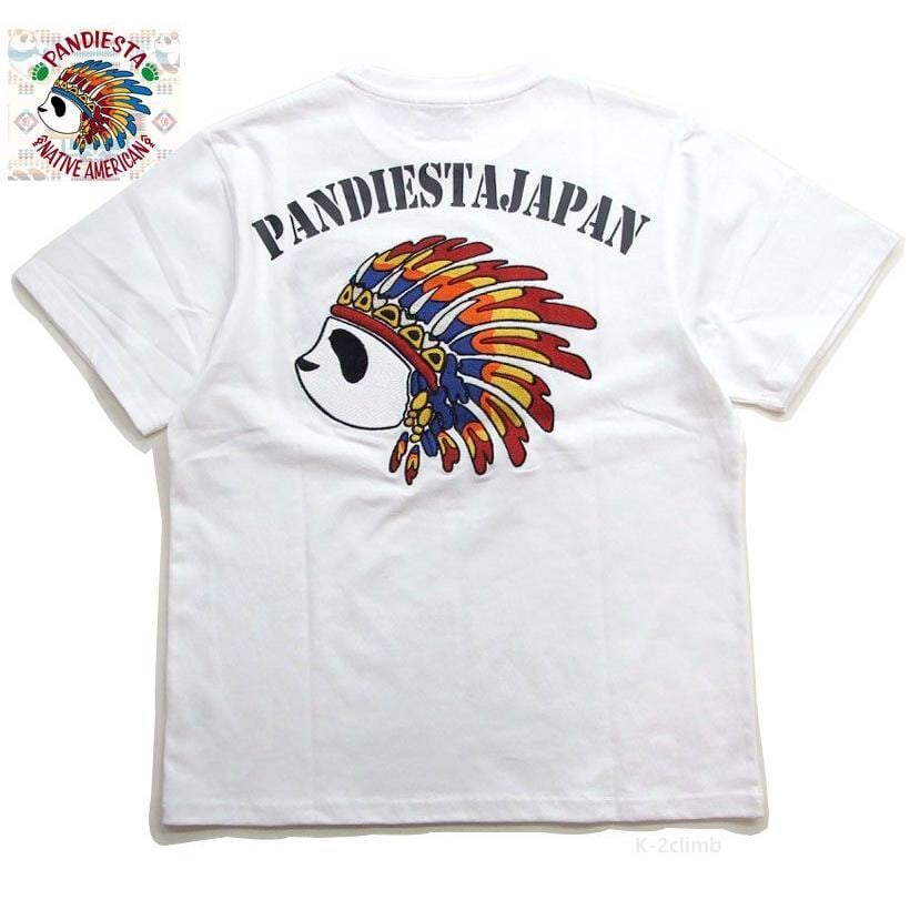 男女兼用 Tシャツ 白 パンディエスタ 大きな刺繍とプリントTシャツ PANDIESTA メンズ 半t パンダがインディアンに扮した可愛大人Tee  523703 カットソー k2select2020