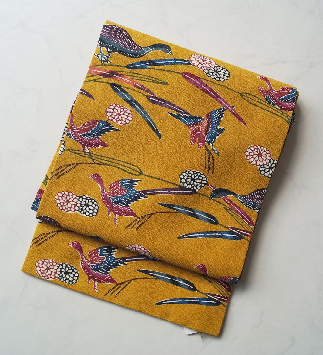 【なごや帯】 鬱金色系 雁と稲穂に菊柄 型染め なごや帯