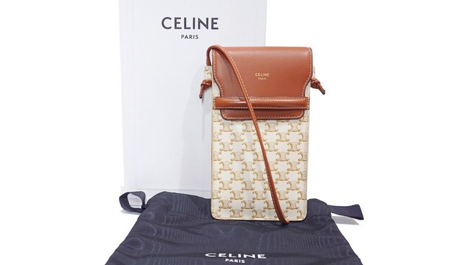 CELINE セリーヌ モバイルポーチ フォンポーチ スマホショルダー トリオンフキャンバス ラムスキン 10G332CQD オフホワイト