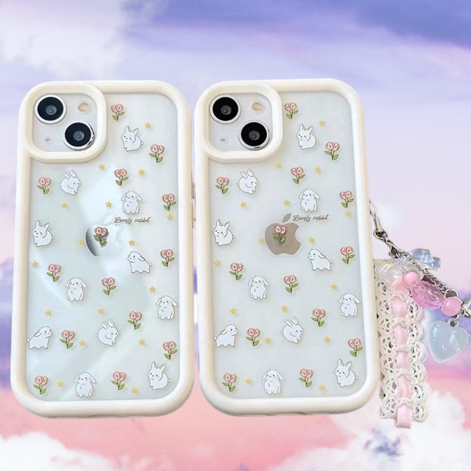 うさちゃん＆お花柄 クリア iPhoneケース (ストラップなし/ストラップ付き) | スマホケース iPhone ケース アイフォンケース | 機種  iPhone 12 13 14 15 Pro Max | Coco Rose Beauty (ココ ローズ ビューティー) powered by