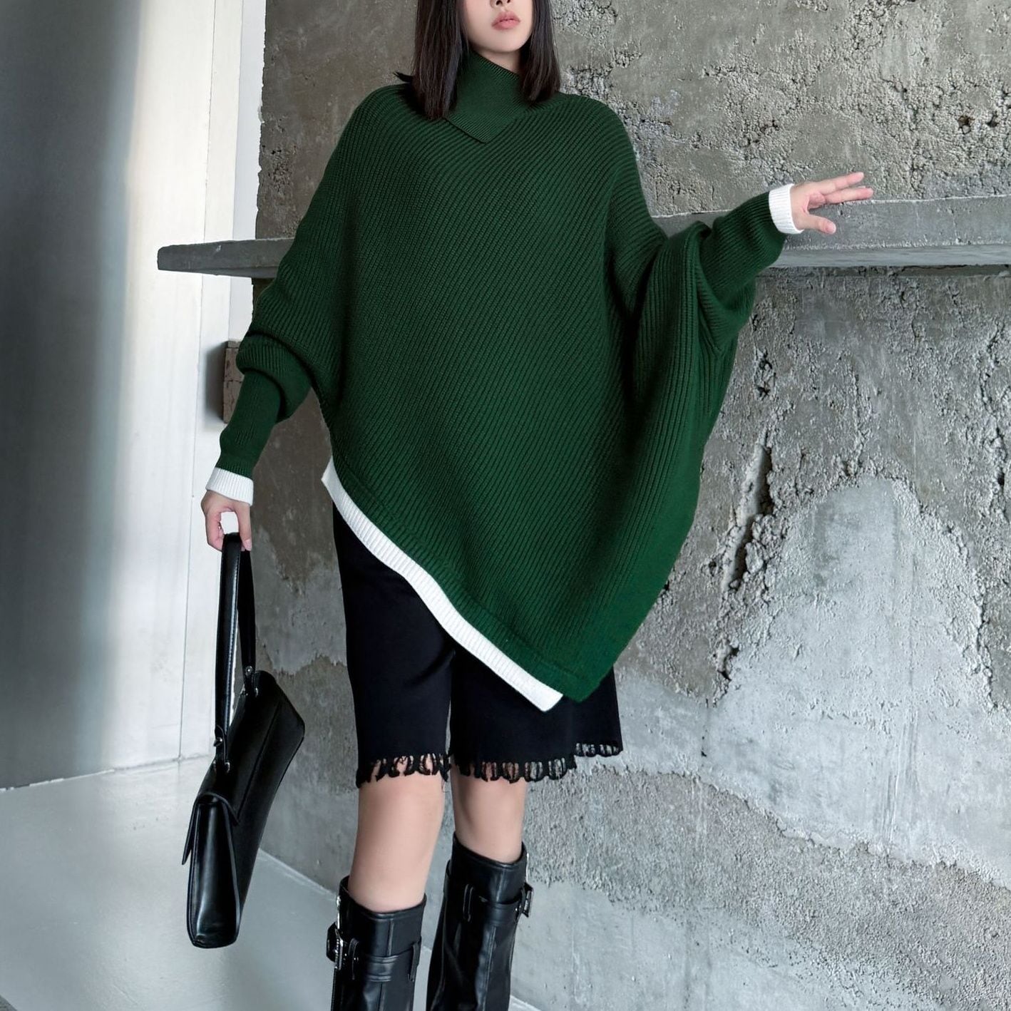 ASYMMETRIC CAPE DESIGN HALF COLLAR PULLOVER DESIGN KNIT 3colors M-15152