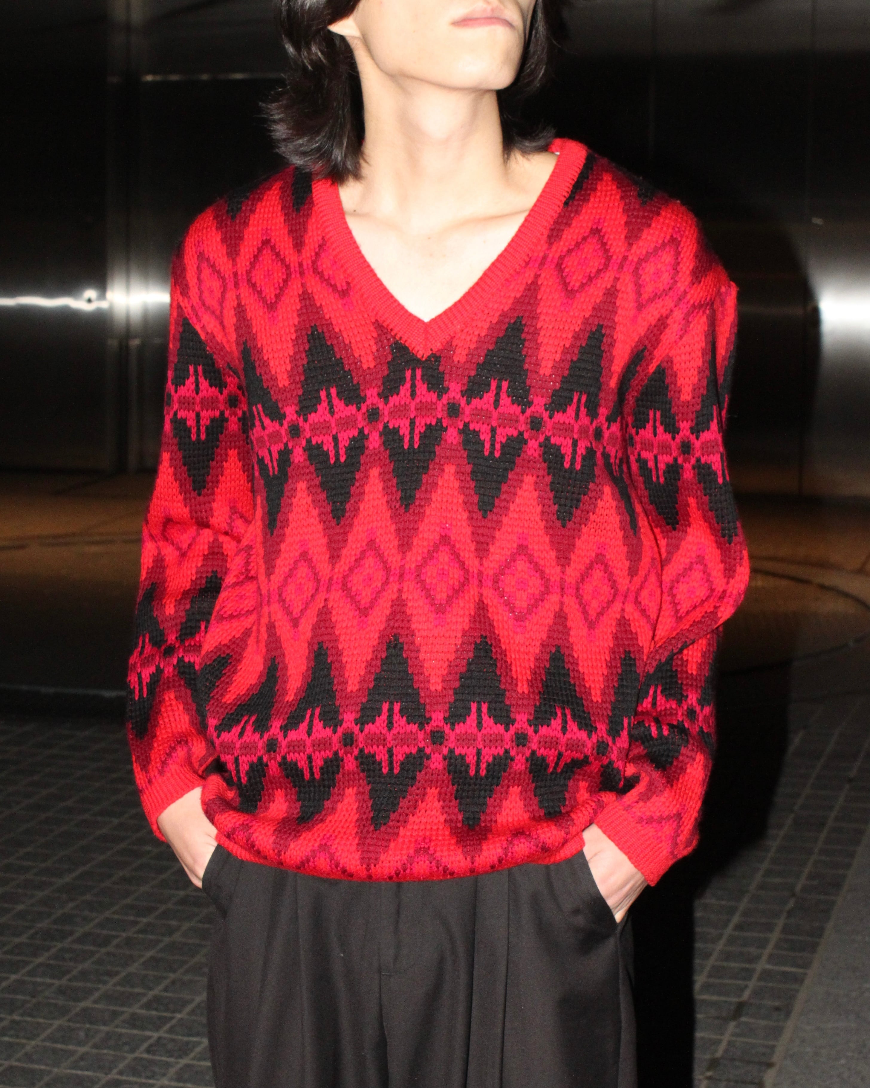 60s Gordon Marsh Company V-Neck Total Pattern Wool Knit