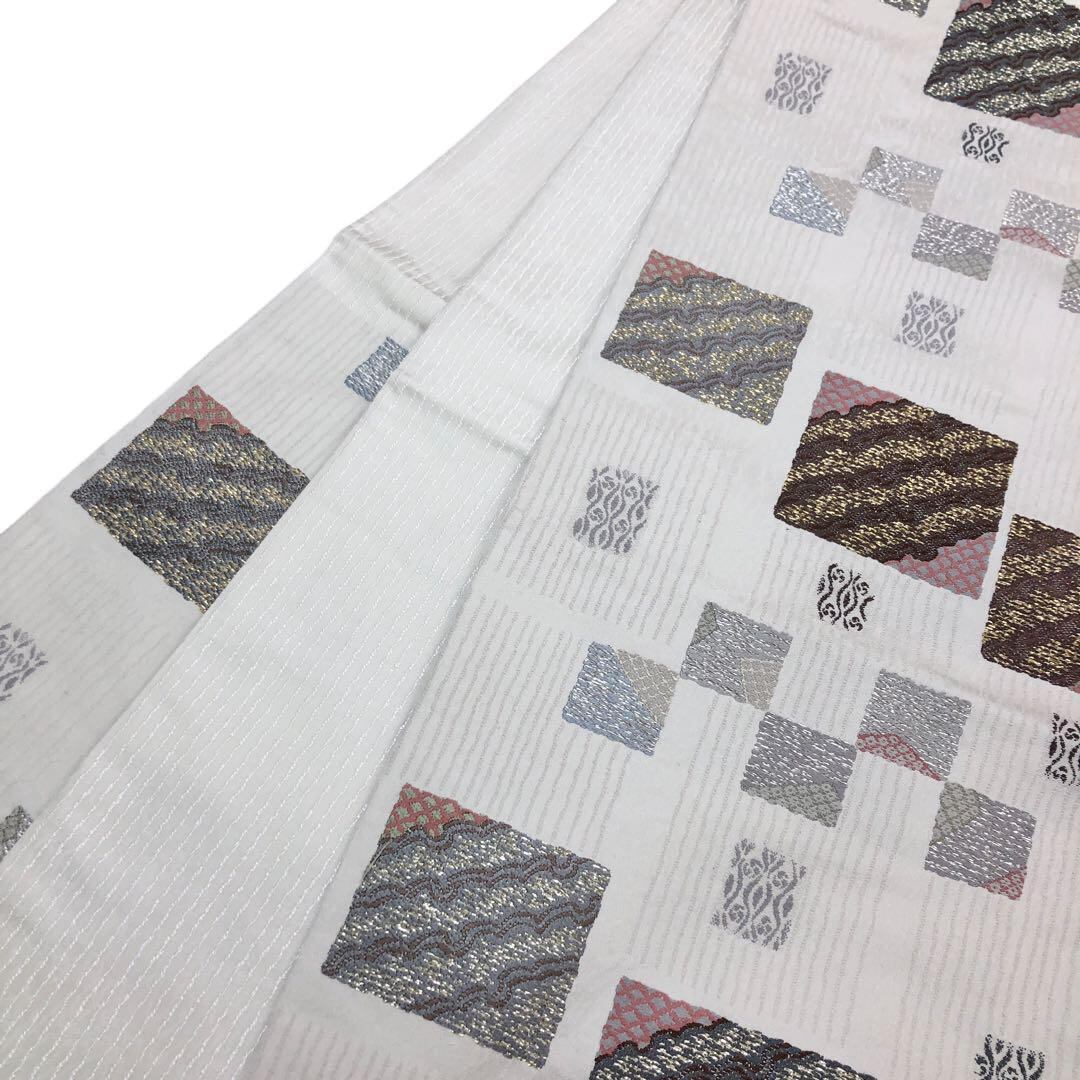 袋帯 西陣 藤沢機業店 市松斜目取 金銀糸 証紙付 卯の花色 O  